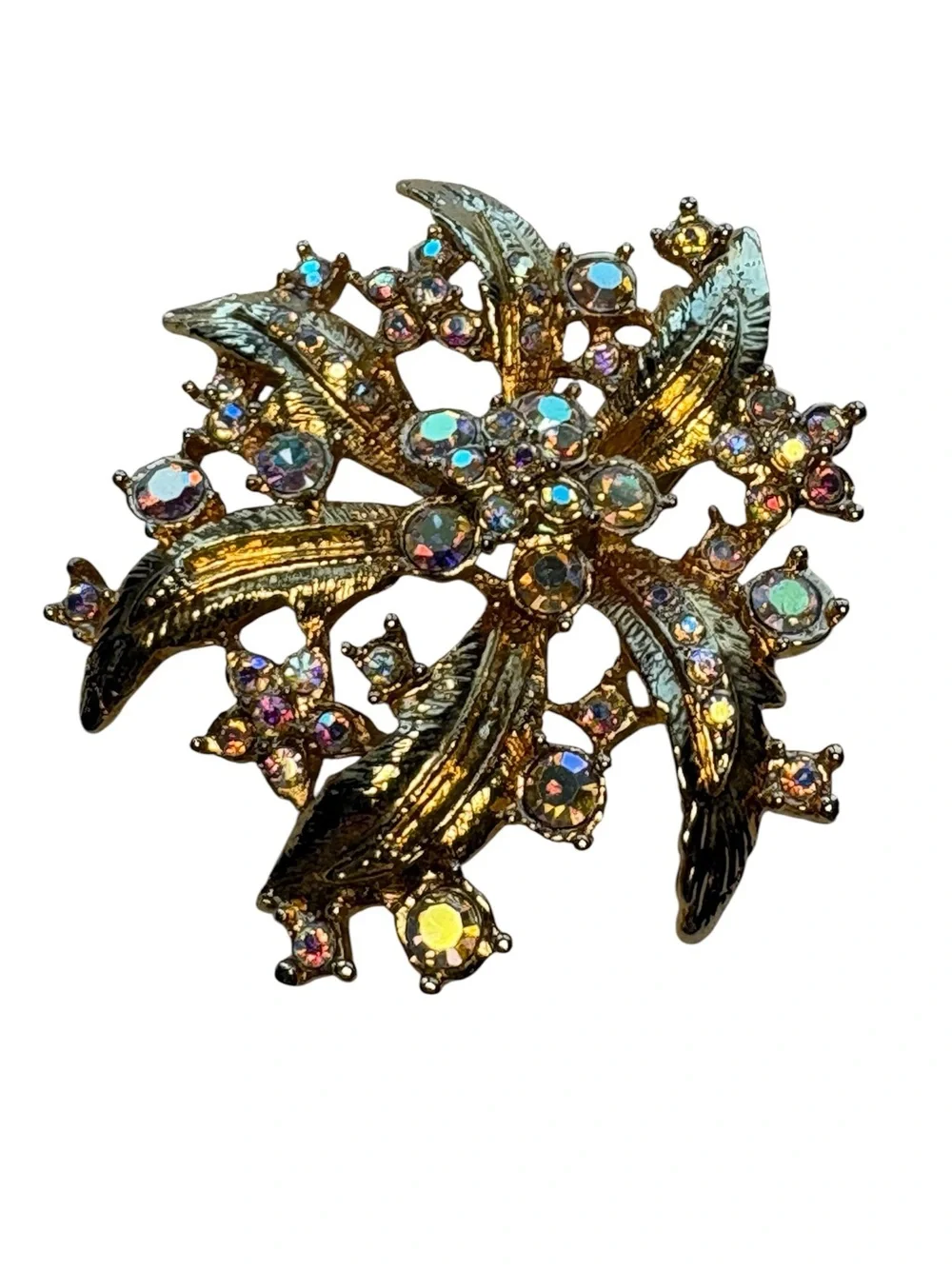 Vintage Gold Tone Floral Flower Spray Brooch With Aurora Borealis Rhinestones